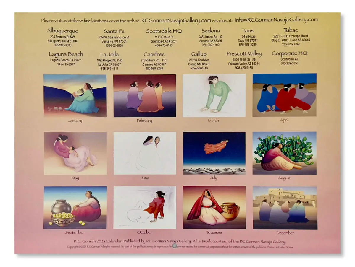 R.C. Gorman Navajo Gallery 2023 Calendar - Back
